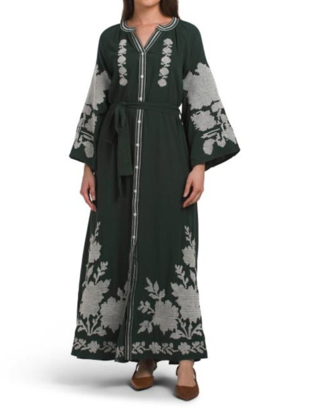SOLITAIRE Linen Blendbell Sleeve Embroidered Maxi Dress